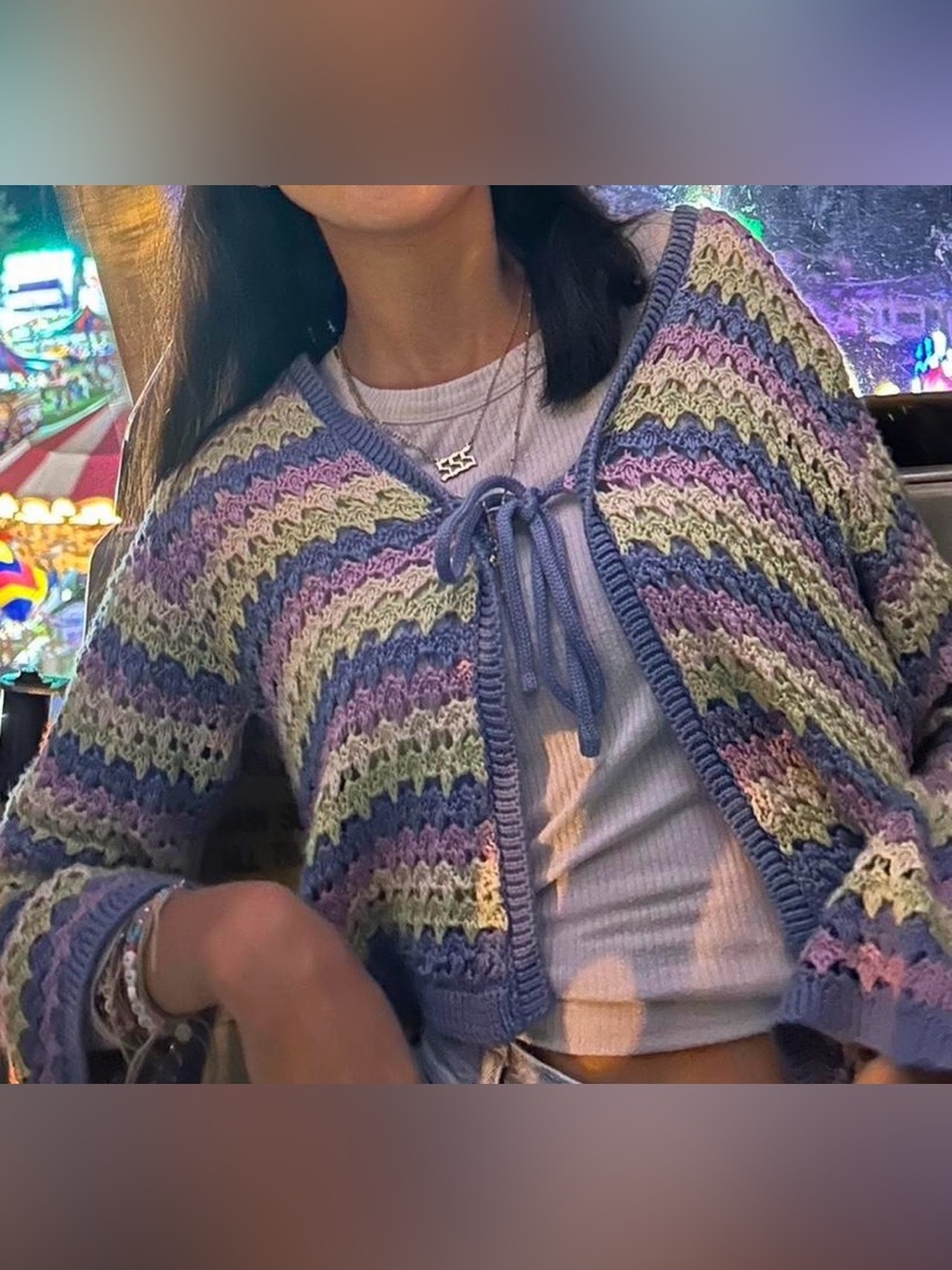 Crochet Tie-Front Stripe Cardigan Sweater